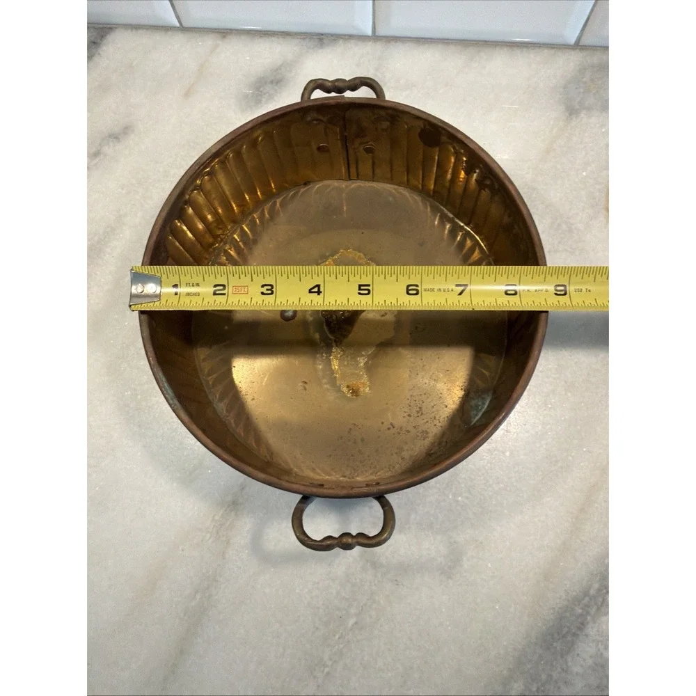 Vintage 1950s Solid Brass Round Planter Plant Pot w/ 2 Handles OLA0043